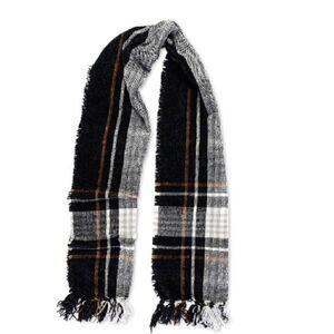 Charter Club Border Plaid Wrap Scarf Black brown gray Chenille New